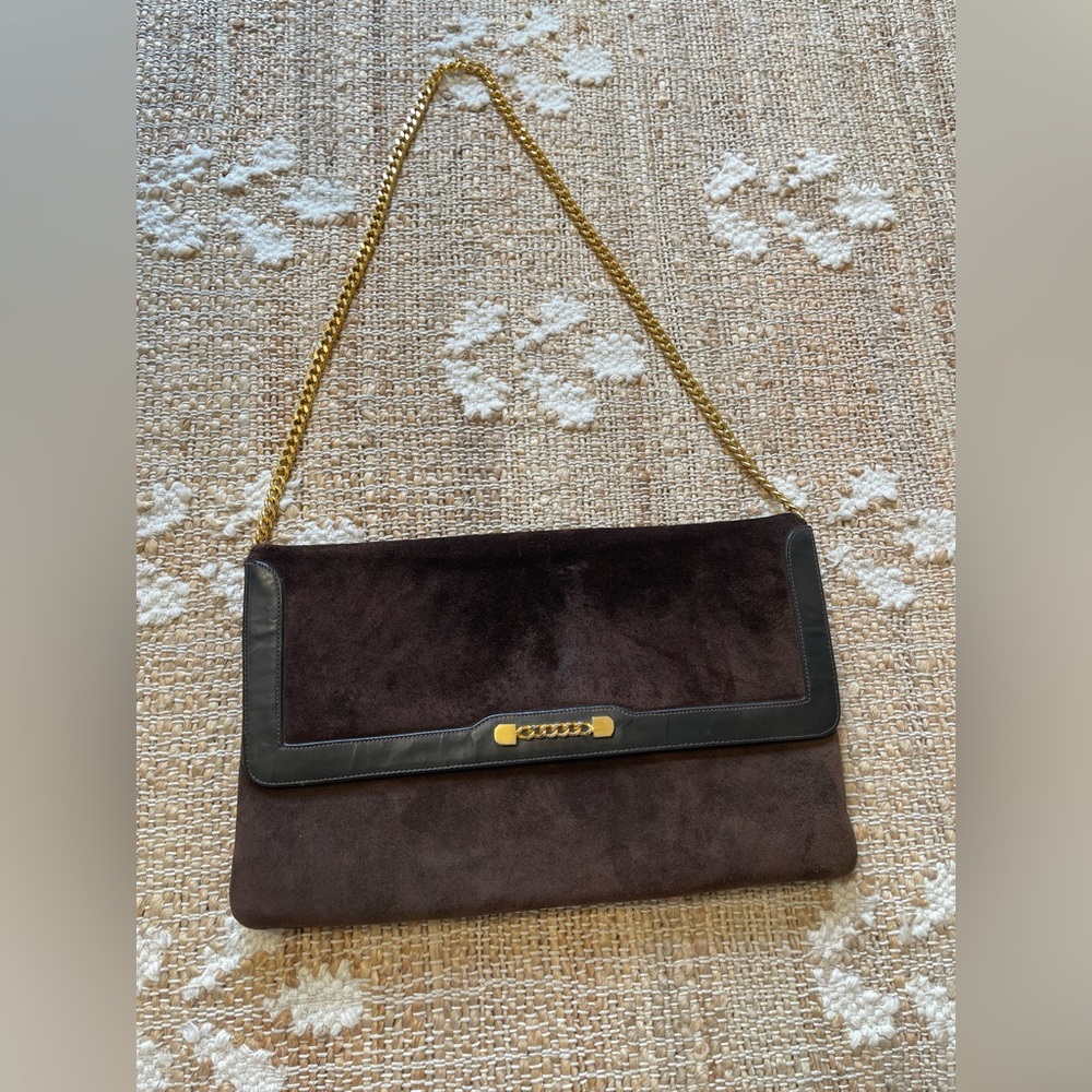 Vintage Susan Gail Suede Chocolate Brown Gold Chain Strap Shoulder Bag Clutch